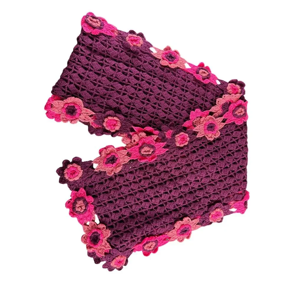 Gap Crochet Floral Scarf- purple pink- wool knit- feminine whimsygoth OS 62x9